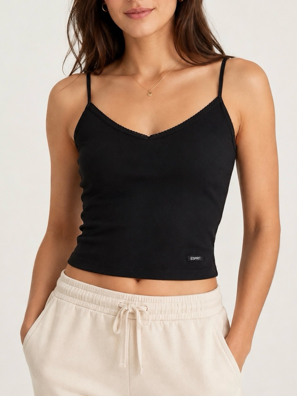 ESPRIT Black Ribbed Spaghetti Strap Crop Tank Top Cami Size S